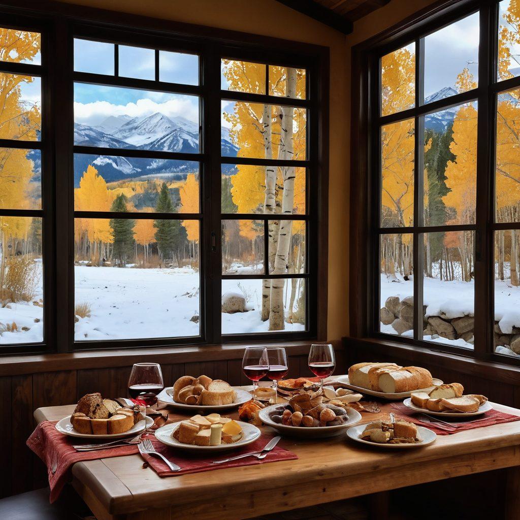 A picturesque table set in a rustic Aspen lodge, adorned with an array of gourmet dishes paired with local wines, surrounded by autumn foliage. Capture the essence of a cozy dining experience with warm lighting, a crackling fireplace in the background, and snow-capped mountains visible through the window. Include decorative elements like wine glasses, cheese platters, and artisanal bread to evoke a sense of indulgence and exploration. super-realistic. warm colors. cozy ambiance.