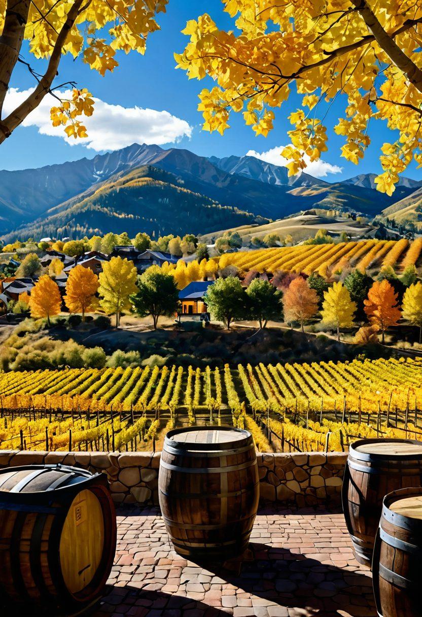 A picturesque view of Aspen's lush vineyards with rolling hills, showcasing elegant tasting rooms with wine barrels and glasses outside. A sommelier passionately describing the wines to an engaged couple, surrounded by vibrant autumn foliage. A scenic mountain backdrop adds to the charm of the scene, with a bright blue sky overhead. super-realistic. vibrant colors. high detail.
