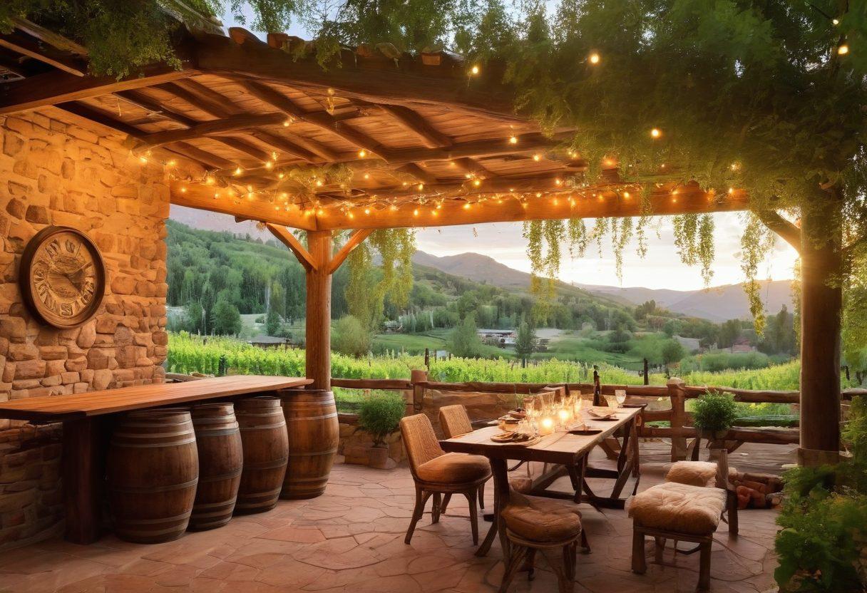 An enchanting vineyard landscape in Aspen, showcasing rustic artisan wineries with charming vintage tasting rooms. Display vibrant grapes hanging from the vines, wooden barrels stacked elegantly, and a cozy outdoor seating area adorned with twinkling fairy lights. Capture the essence of wine tasting with swirling glasses and local wine bottles on a wooden table surrounded by lush greenery. The sun sets in the background, casting a warm golden glow over the scene. super-realistic. vibrant colors. rustic charm.